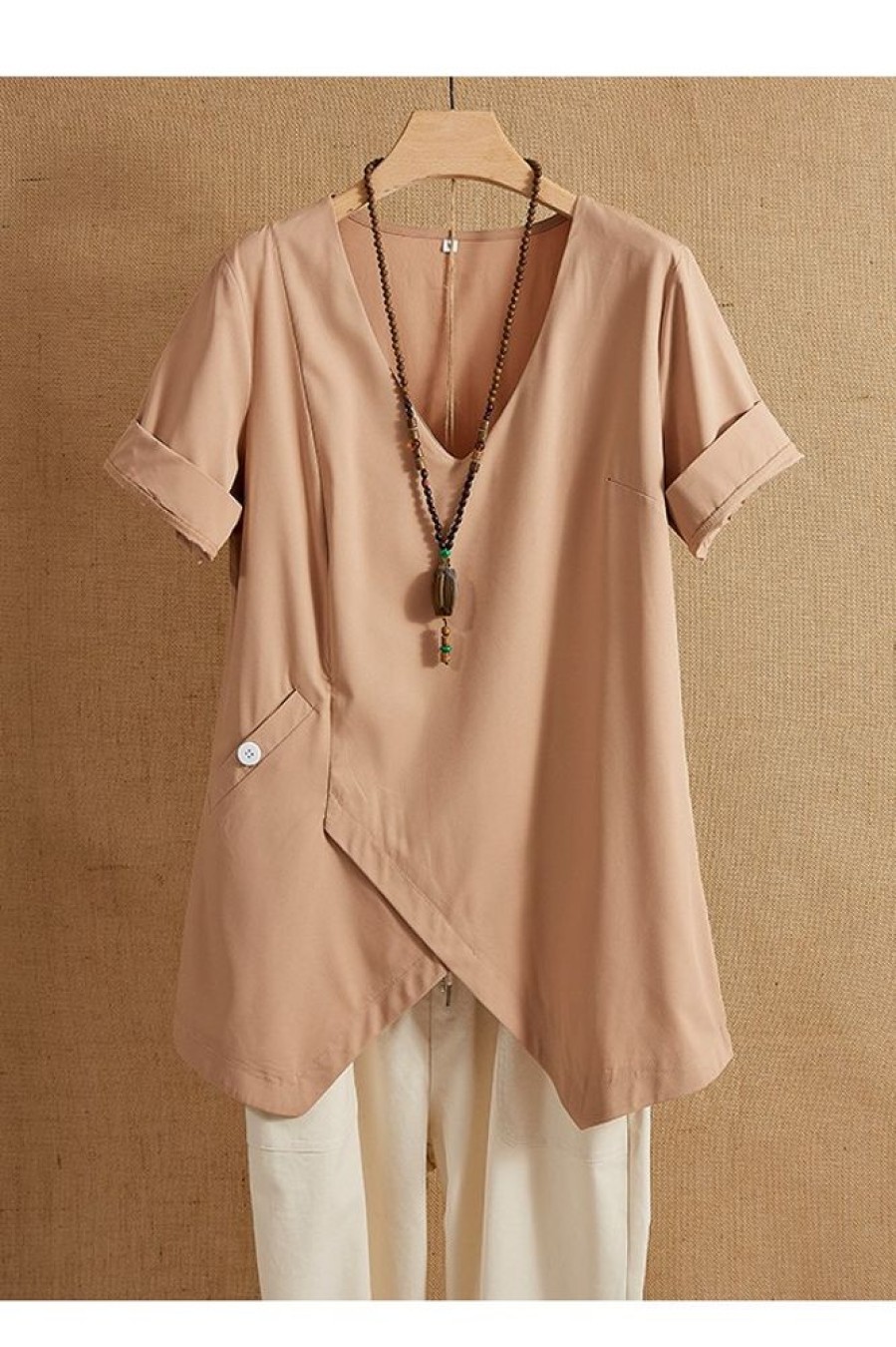 Clothing Azzlee Blouse & Shirts | V-Neck Solid With Pockets Casual Short Sleeve Blouse