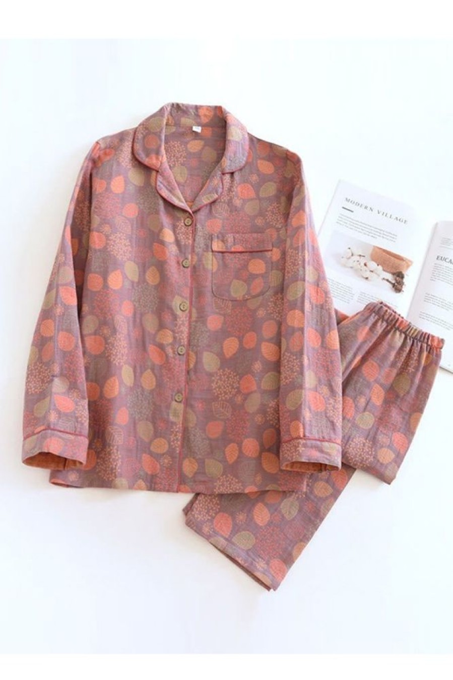 Clothing Azzlee | Leaf Flower Button Cotton Loungewear Set Pink