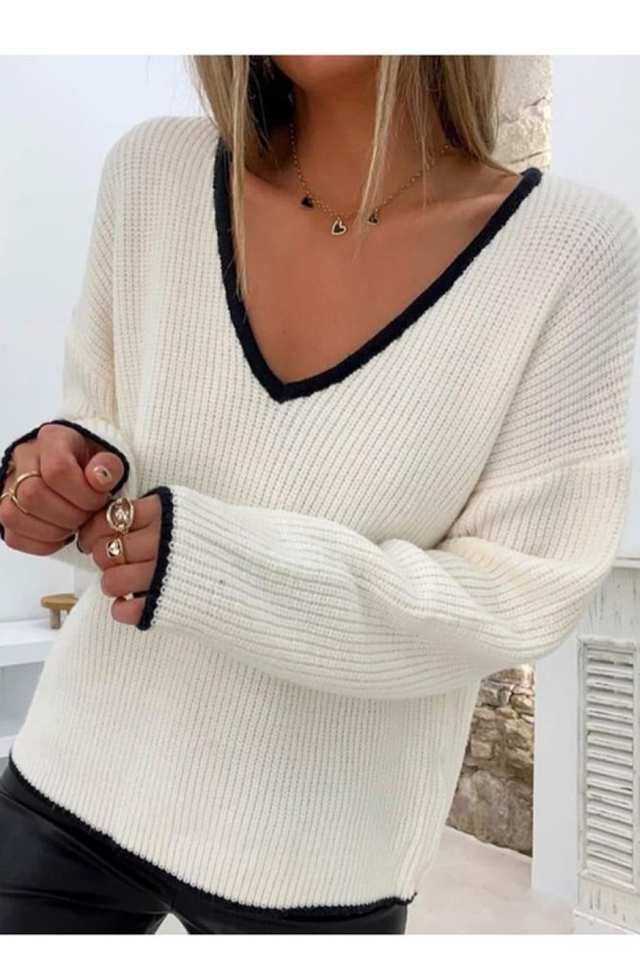 Clothing Azzlee Sweater & Cardigans | Youthful Trimmed Long Sleeve Sweater White