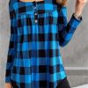 Clothing Azzlee Sweatshirt & Hoodies | Casual Round Neck Plaid Printed Long Sleeve Blouse Blue