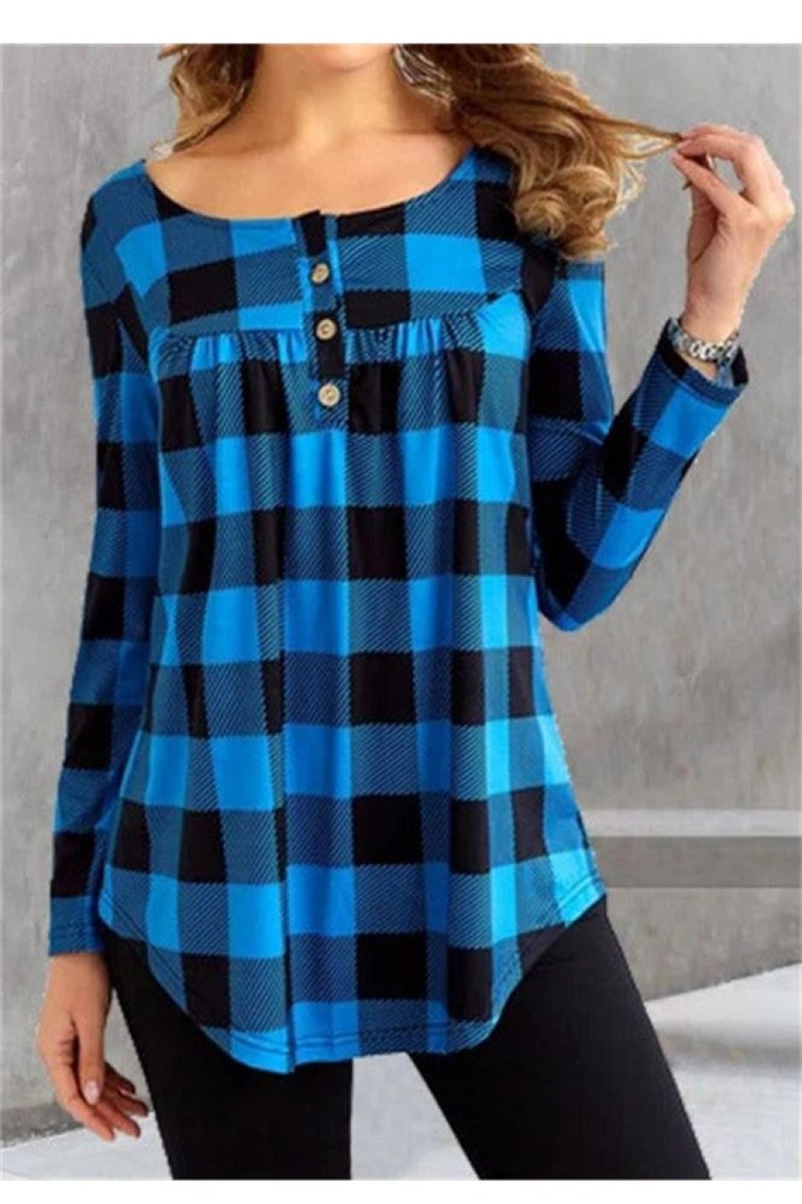 Clothing Azzlee Sweatshirt & Hoodies | Casual Round Neck Plaid Printed Long Sleeve Blouse Blue