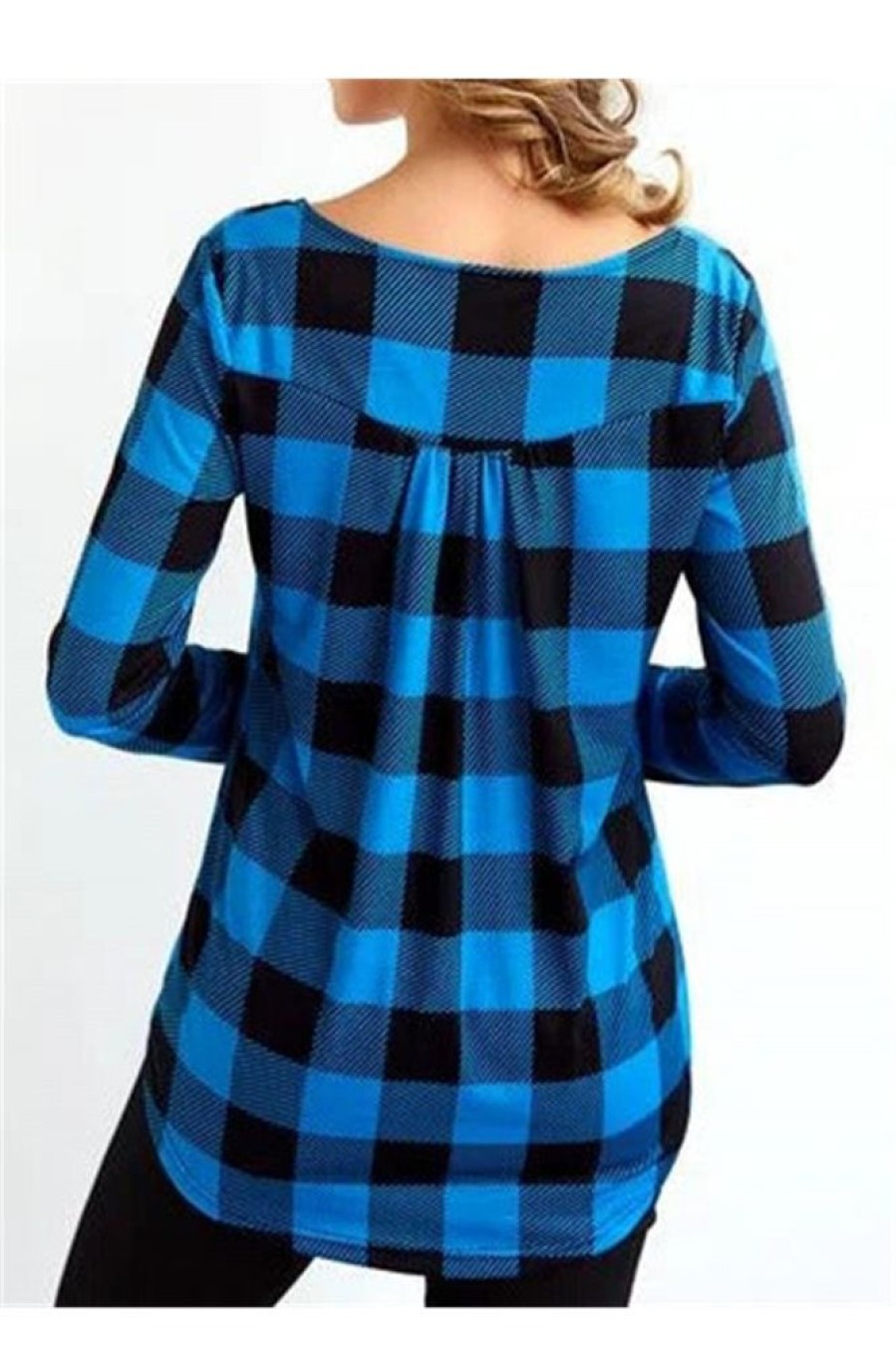 Clothing Azzlee Sweatshirt & Hoodies | Casual Round Neck Plaid Printed Long Sleeve Blouse Blue