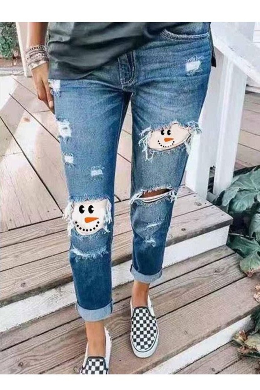 Clothing Azzlee Jeans & Denim | Casual Snowman Face Jeans With Pockets Blue