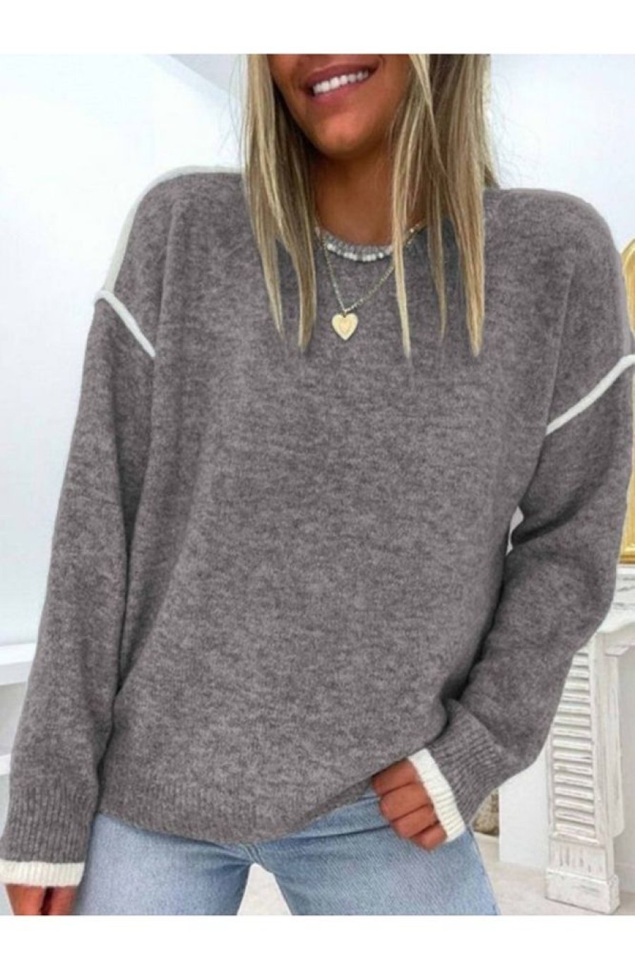 Clothing Azzlee Sweater & Cardigans | Long Sleeve Round Neck Sweater Grey