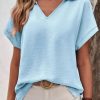 Clothing Azzlee Blouse & Shirts | Casual V Neck Solid Short Sleeve Blouse Blue