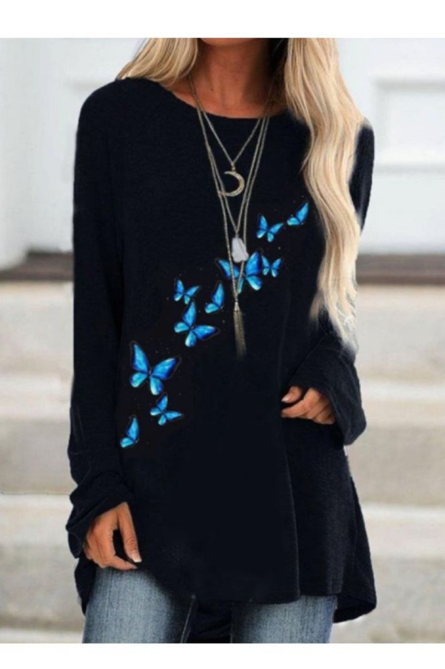 Clothing Azzlee Sweatshirt & Hoodies | Casual Round Neck Butterfly Printed Long Sleeve Sweatshirts Black