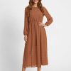 Clothing Azzlee Maxi Dresses | Swiss Dot Long Sleeve Round Neck Modest Maxi Dress Brown