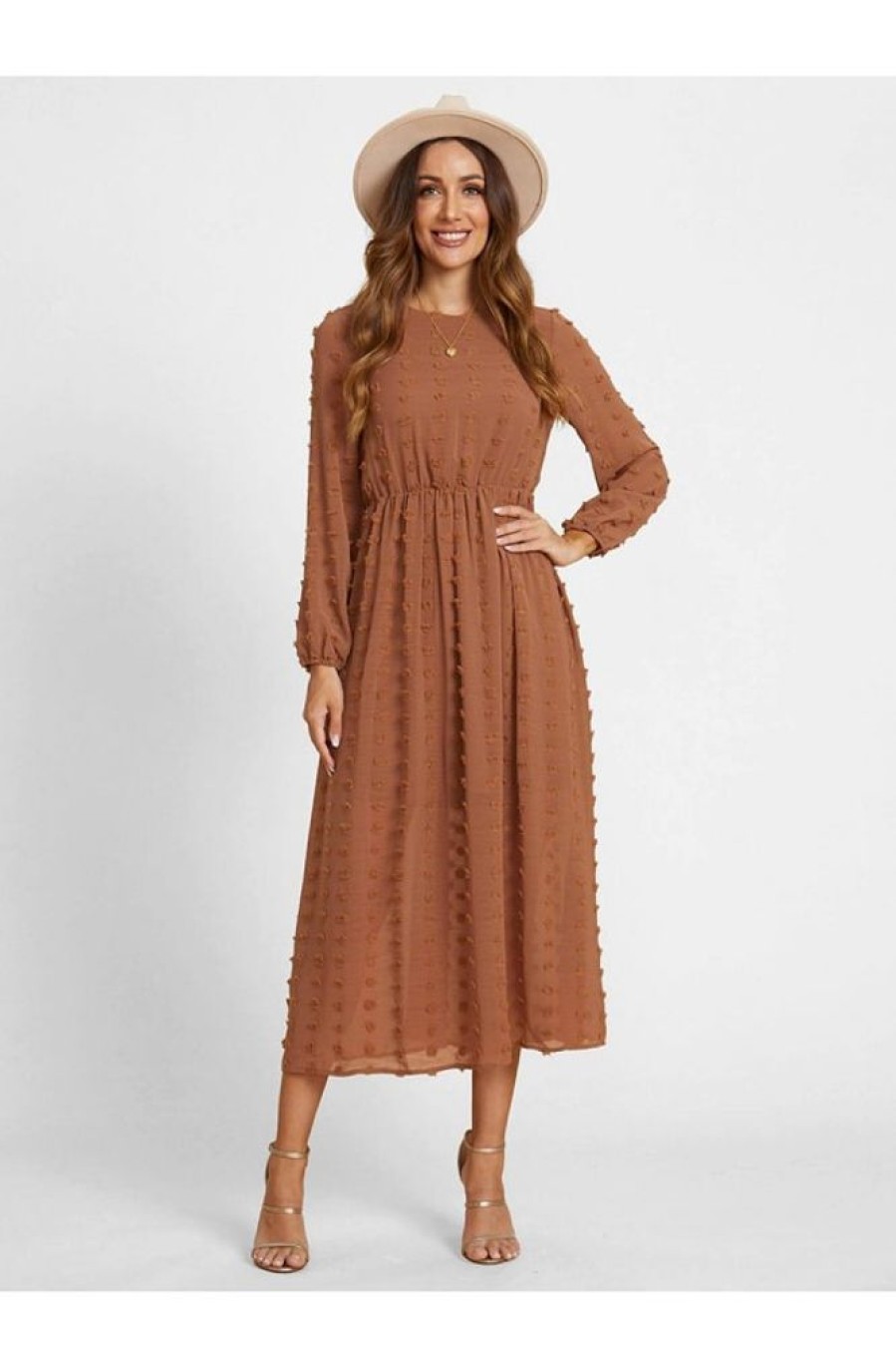 Clothing Azzlee Maxi Dresses | Swiss Dot Long Sleeve Round Neck Modest Maxi Dress Brown