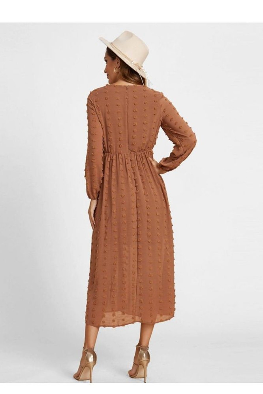 Clothing Azzlee Maxi Dresses | Swiss Dot Long Sleeve Round Neck Modest Maxi Dress Brown