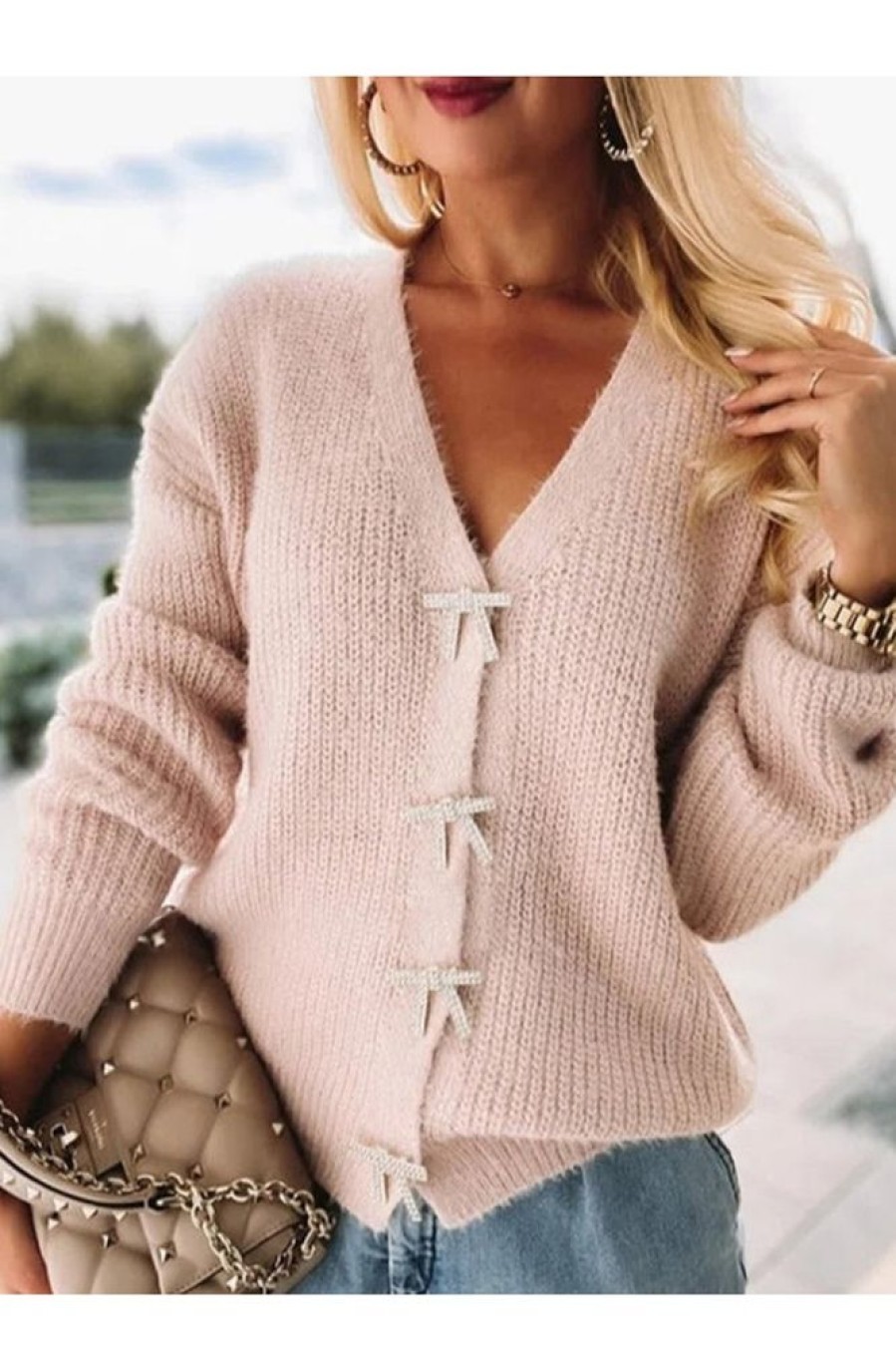 Clothing Azzlee Sweater & Cardigans | Urban V Neck Bow Sweater Pink