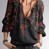 Clothing Azzlee Blouse & Shirts | Floral Printed Long Sleeve V-Neck Casual Blouse Black