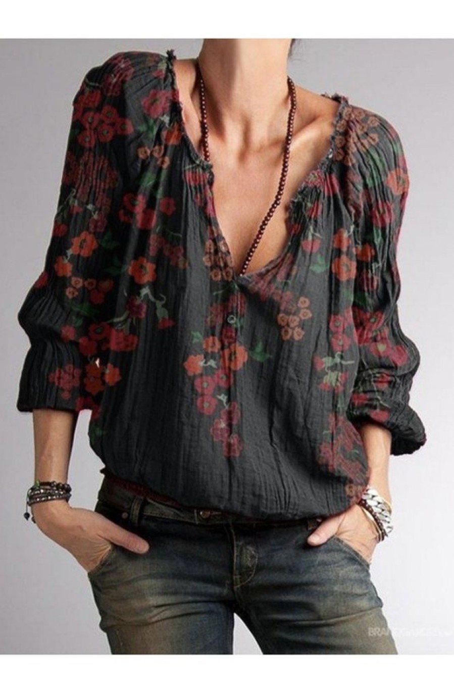 Clothing Azzlee Blouse & Shirts | Floral Printed Long Sleeve V-Neck Casual Blouse Black