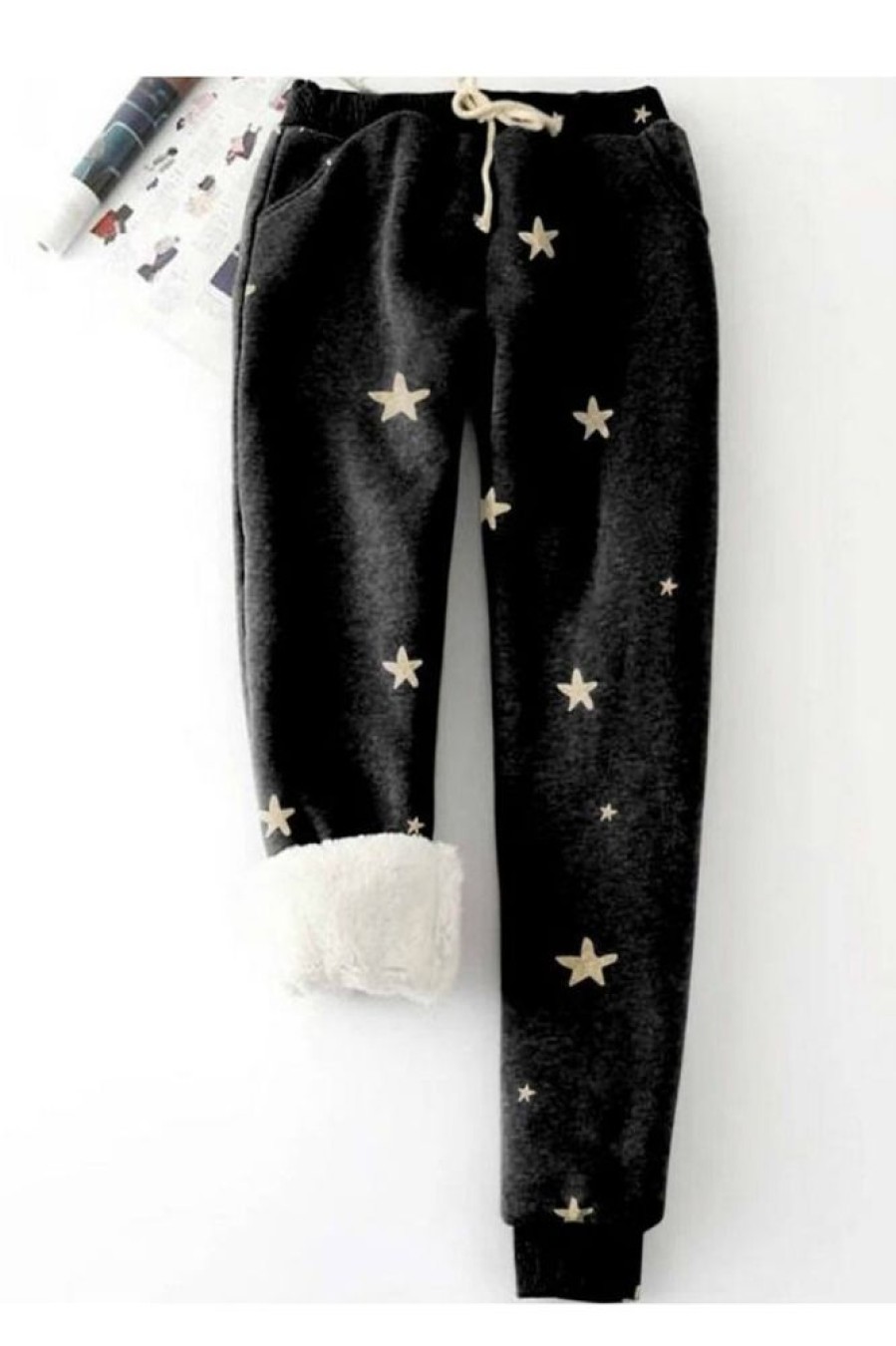 Clothing Azzlee Pants | Star Print With Pockets Casual Fleece Thermal Pants Black