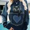 Clothing Azzlee Sweatshirt & Hoodies | Pocket Cat Print Crew Neck Sweatshirt Dark Blue