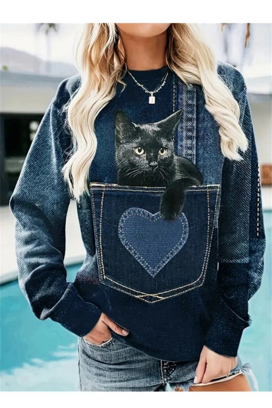 Clothing Azzlee Sweatshirt & Hoodies | Pocket Cat Print Crew Neck Sweatshirt Dark Blue