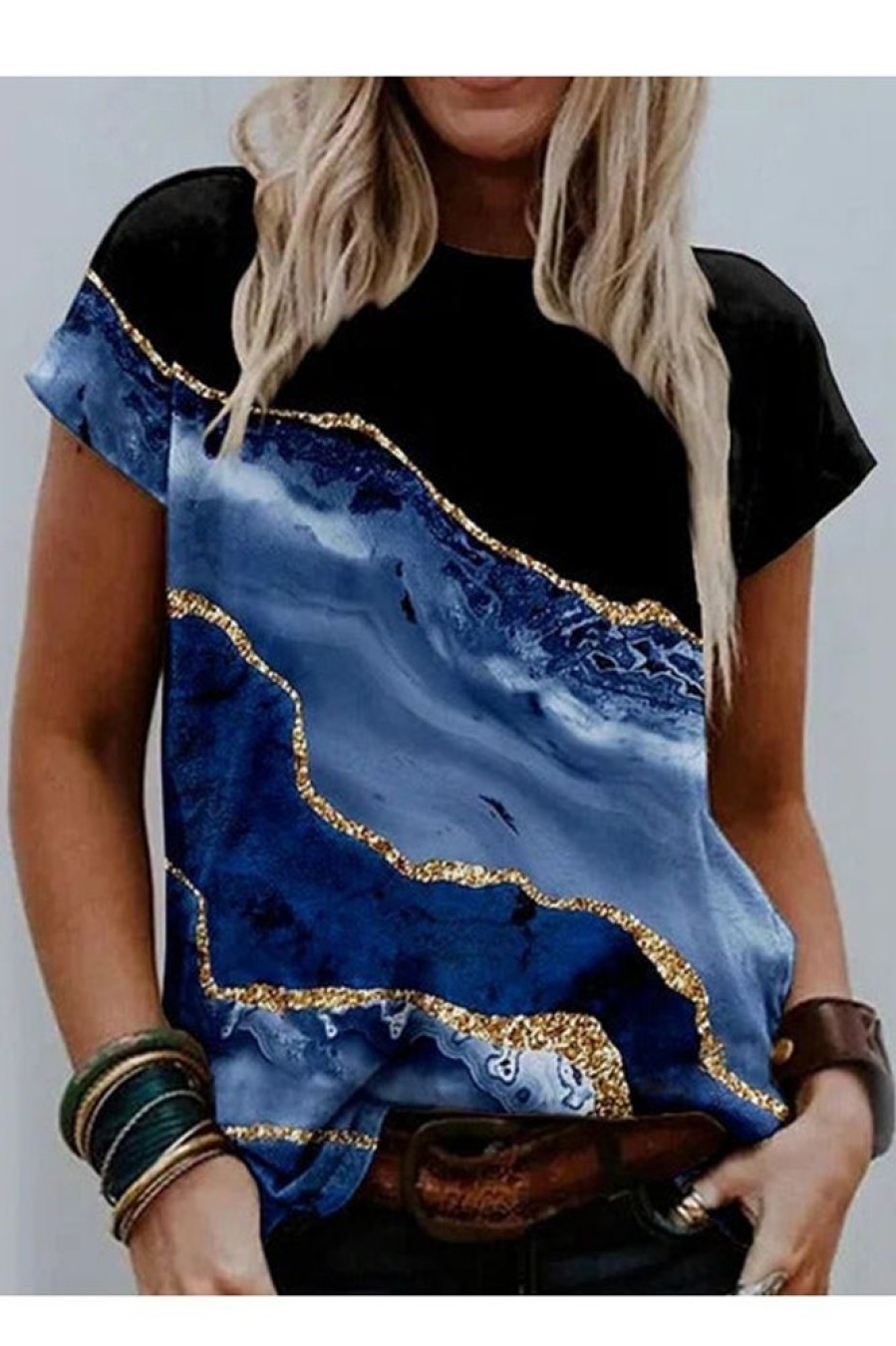 Clothing Azzlee Blouse & Shirts | Casual Graphic Tops Round Neck Short Sleeve Marble Printed Blouse Blue