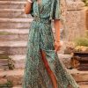 Clothing Azzlee Maxi Dresses | V-Neck Short Sleeve Vacation Disty Floral Maxi Dress Green