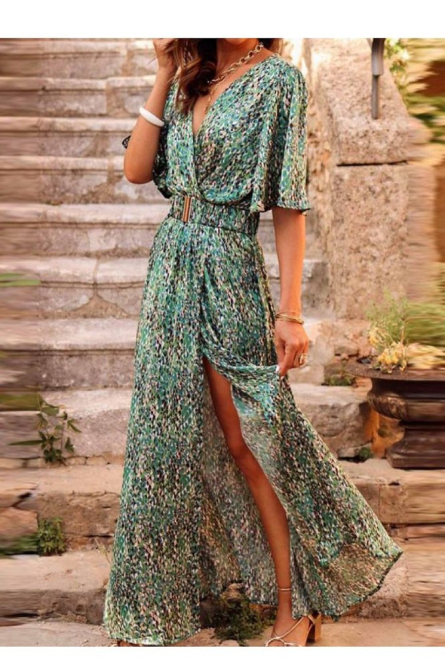 Clothing Azzlee Maxi Dresses | V-Neck Short Sleeve Vacation Disty Floral Maxi Dress Green