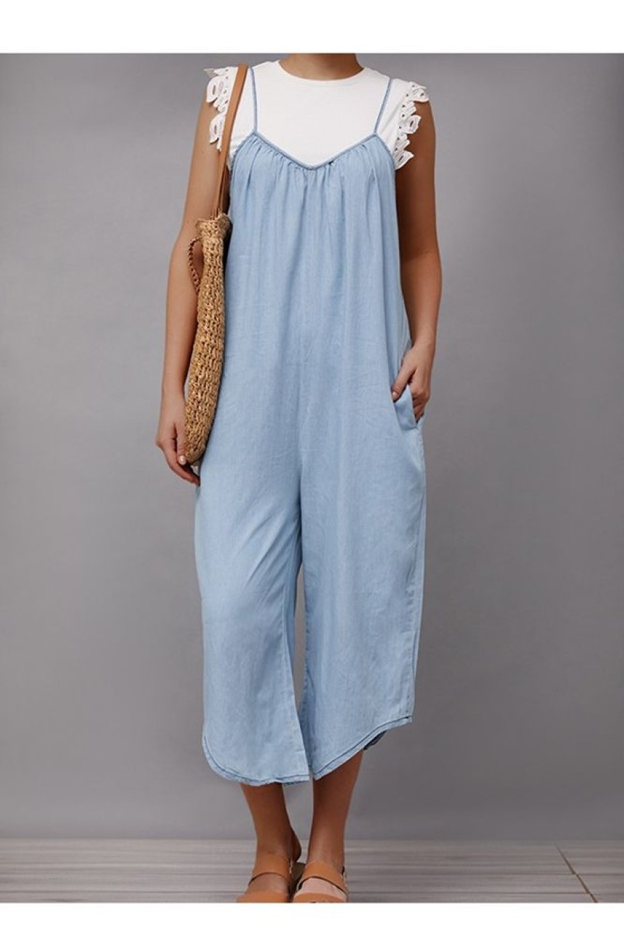 Clothing Azzlee | Cotton Solid Color With Pockets Casual Wide Leg Jumpsuit Blue