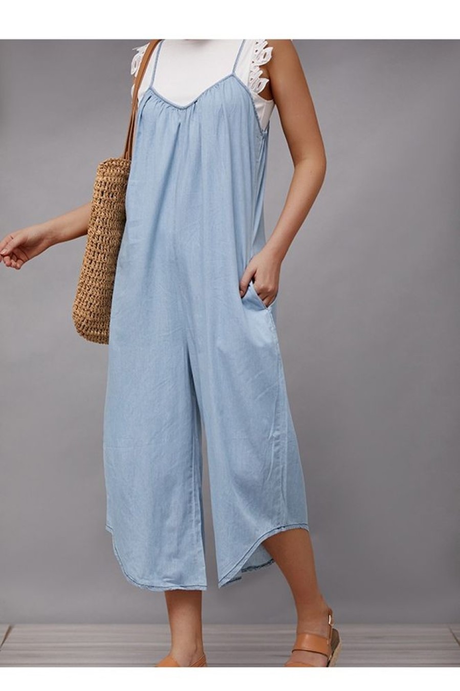 Clothing Azzlee | Cotton Solid Color With Pockets Casual Wide Leg Jumpsuit Blue