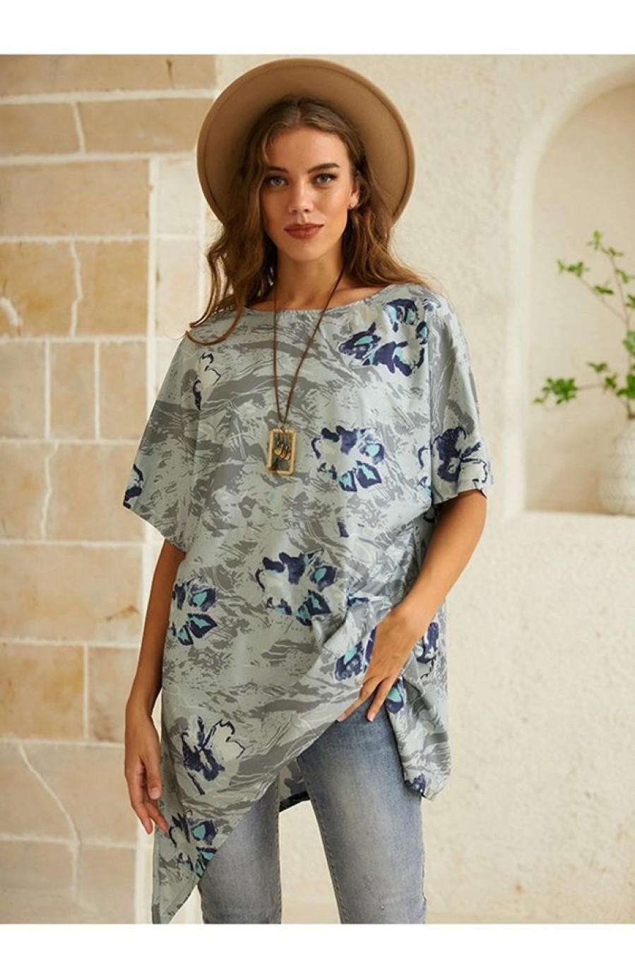 Clothing Azzlee Blouse & Shirts | Floral Print Casual Crew Neck Short Sleeve Blouse Gray