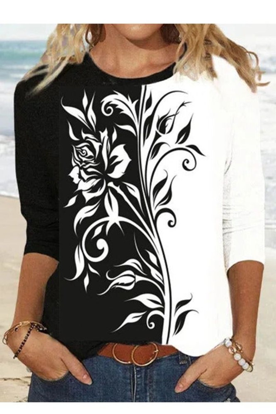 Clothing Azzlee Sweatshirt & Hoodies | Casual Graphic Tops Round Neck Long Sleeve Floral Printed Blouse Black-White