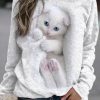 Clothing Azzlee Sweatshirt & Hoodies | Fashion Cat Print Long-Sleeve Sweatshirt White