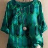 Clothing Azzlee Blouse & Shirts | Round Neck Geometric Printed Casual Blouse Dark Green