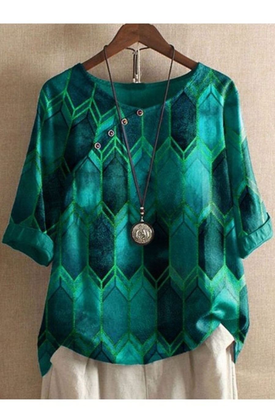 Clothing Azzlee Blouse & Shirts | Round Neck Geometric Printed Casual Blouse Dark Green