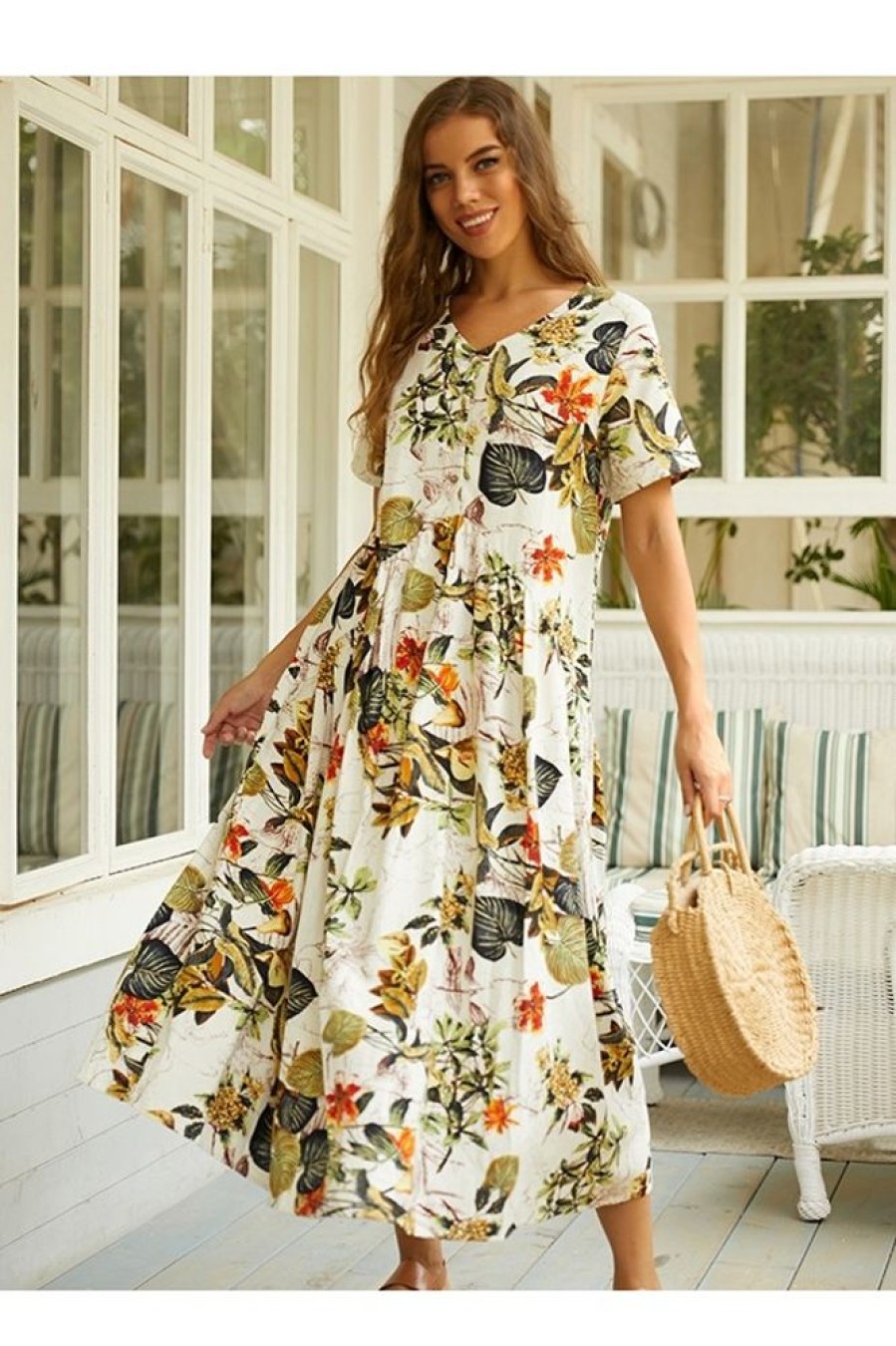 Clothing Azzlee Maxi Dresses | V-Neck Floral Print Casual Trendy Short Sleeve Maxi Dress Orange