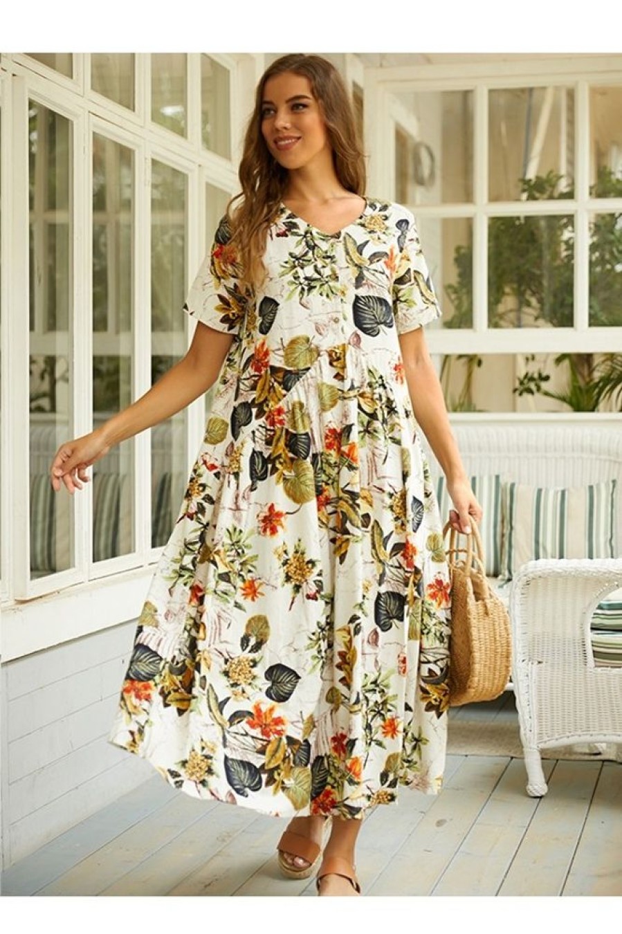 Clothing Azzlee Maxi Dresses | V-Neck Floral Print Casual Trendy Short Sleeve Maxi Dress Orange