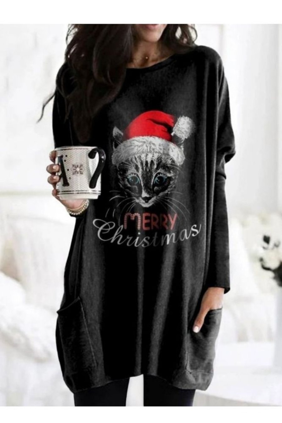 Clothing Azzlee Sweatshirt & Hoodies | Casual Graphic Tops Round Neck Cat Printed Long Sleeve Xmas Sweatshirts Black