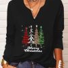 Clothing Azzlee Sweatshirt & Hoodies | Casual Graphic Tops V-Neck Long Sleeve Christmas Tree Printed Xmas Sweatshirts Black