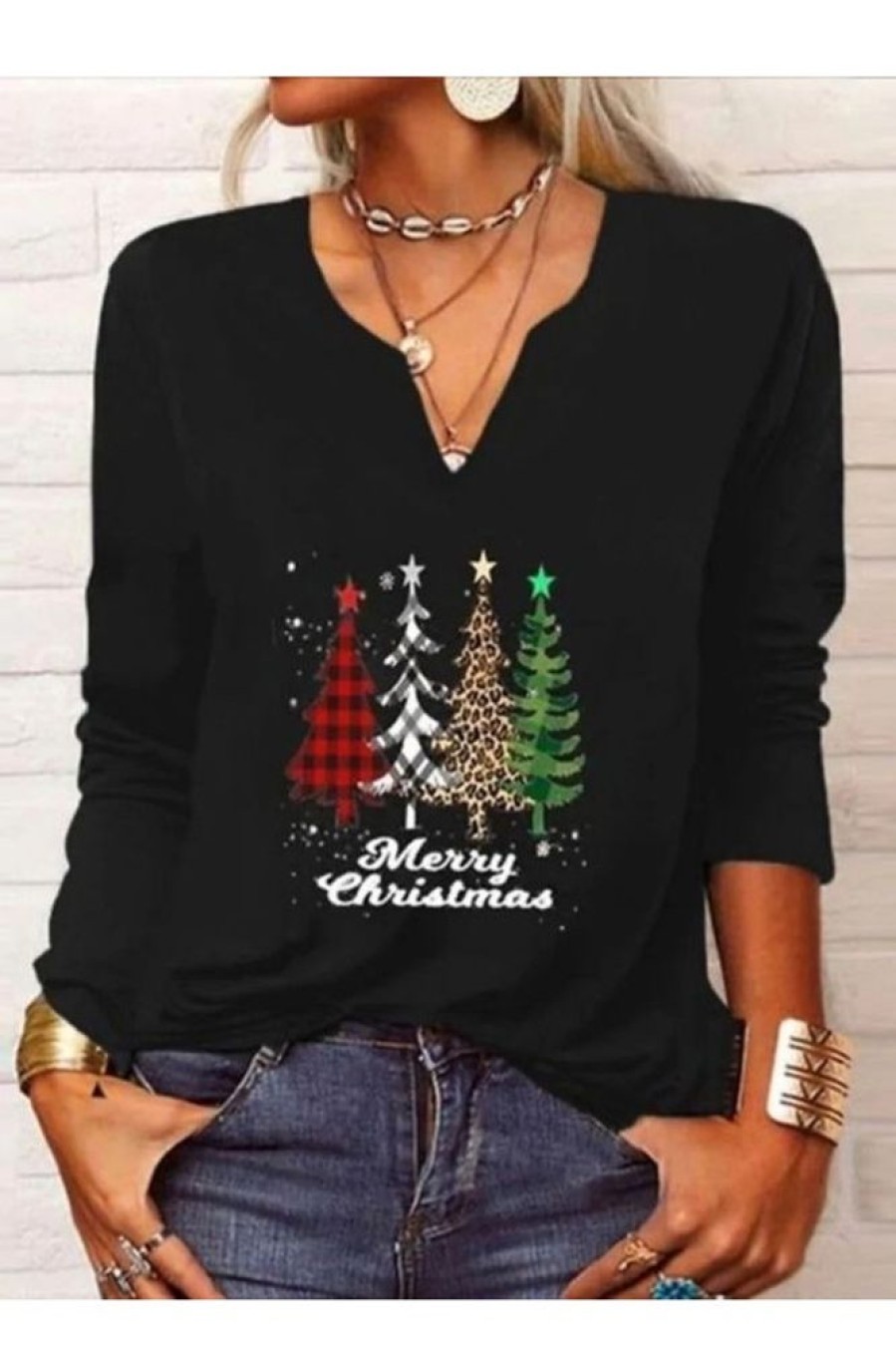 Clothing Azzlee Sweatshirt & Hoodies | Casual Graphic Tops V-Neck Long Sleeve Christmas Tree Printed Xmas Sweatshirts Black