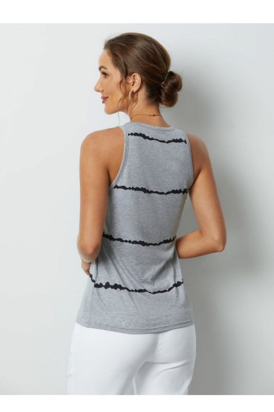 Clothing Azzlee Tanks | Stripe Round Neck Sleeveless Summer Tank Gray