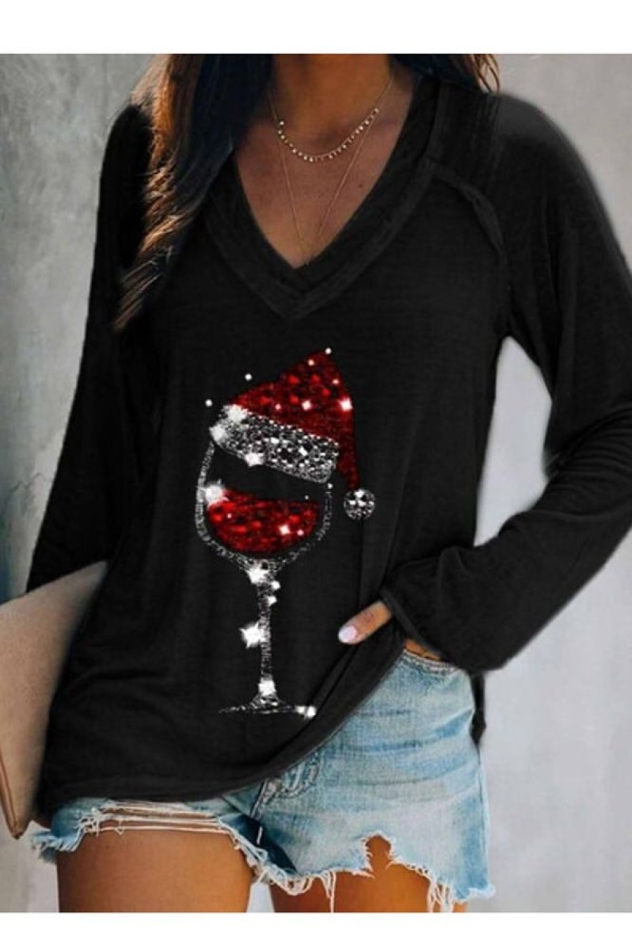 Clothing Azzlee Sweatshirt & Hoodies | Casual Graphic Tops V-Neck Long Sleeve Wine Glass Printed Sweatshirts For Christmas Black