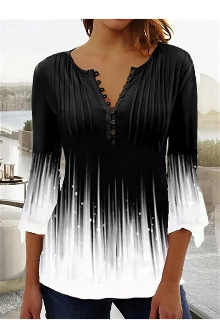 Clothing Azzlee Sweatshirt & Hoodies | Casual V Neck Printed Long Sleeve Blouse Black And White