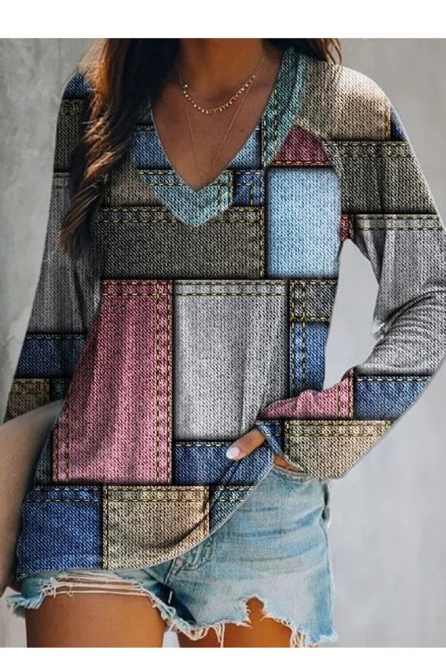 Clothing Azzlee Blouse & Shirts | Casual V Neck Color Block Printed Long Sleeve Blouse Multi