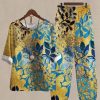 Clothing Azzlee | Casual Round Neck Printed Half Sleeve Two Piece Sets Yellow