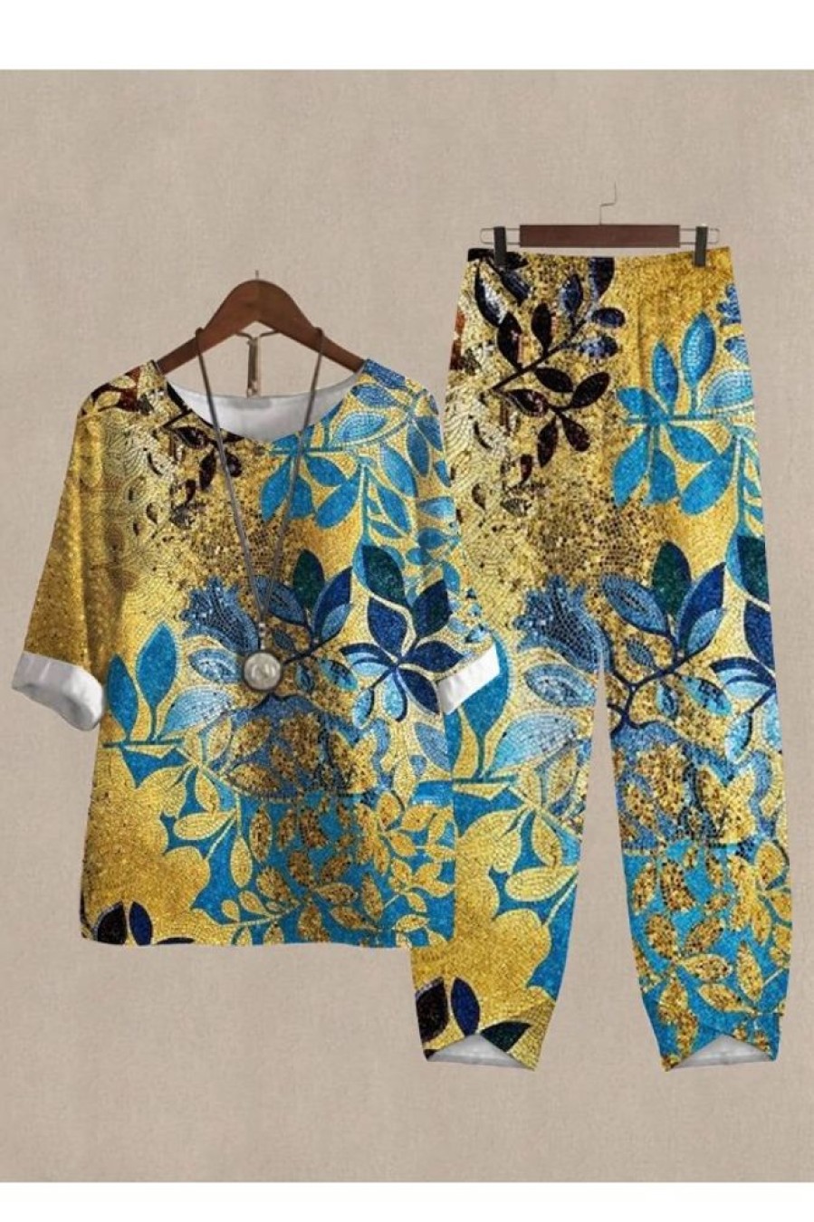 Clothing Azzlee | Casual Round Neck Printed Half Sleeve Two Piece Sets Yellow