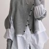 Clothing Azzlee Sweater & Cardigans | Knit White Blouse Patchwork Round Neck Casual Sweater Gray