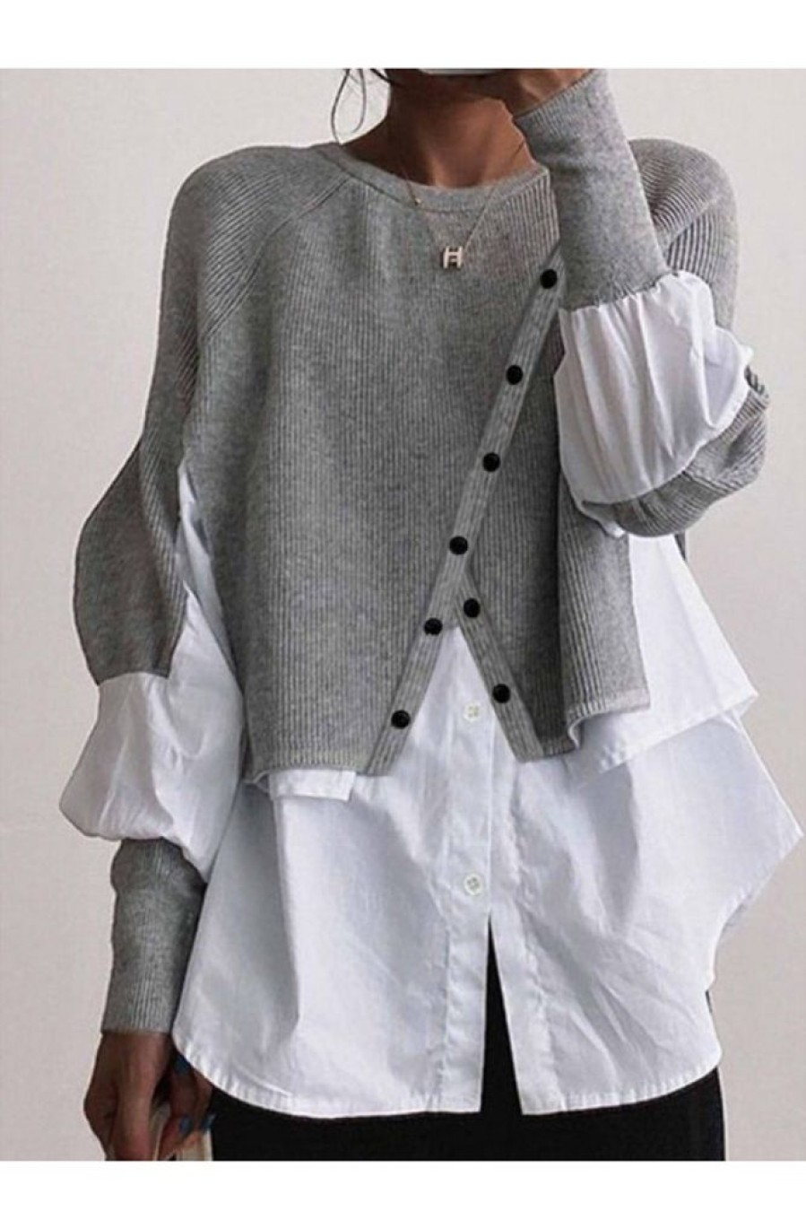 Clothing Azzlee Sweater & Cardigans | Knit White Blouse Patchwork Round Neck Casual Sweater Gray