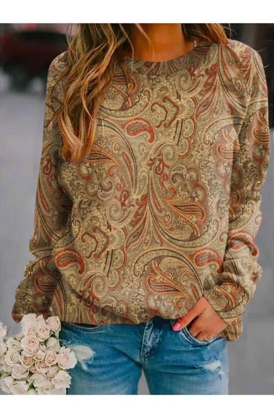 Clothing Azzlee Sweatshirt & Hoodies | Paisley Long Sleeve Round Neck Sweatshirt Multicolor