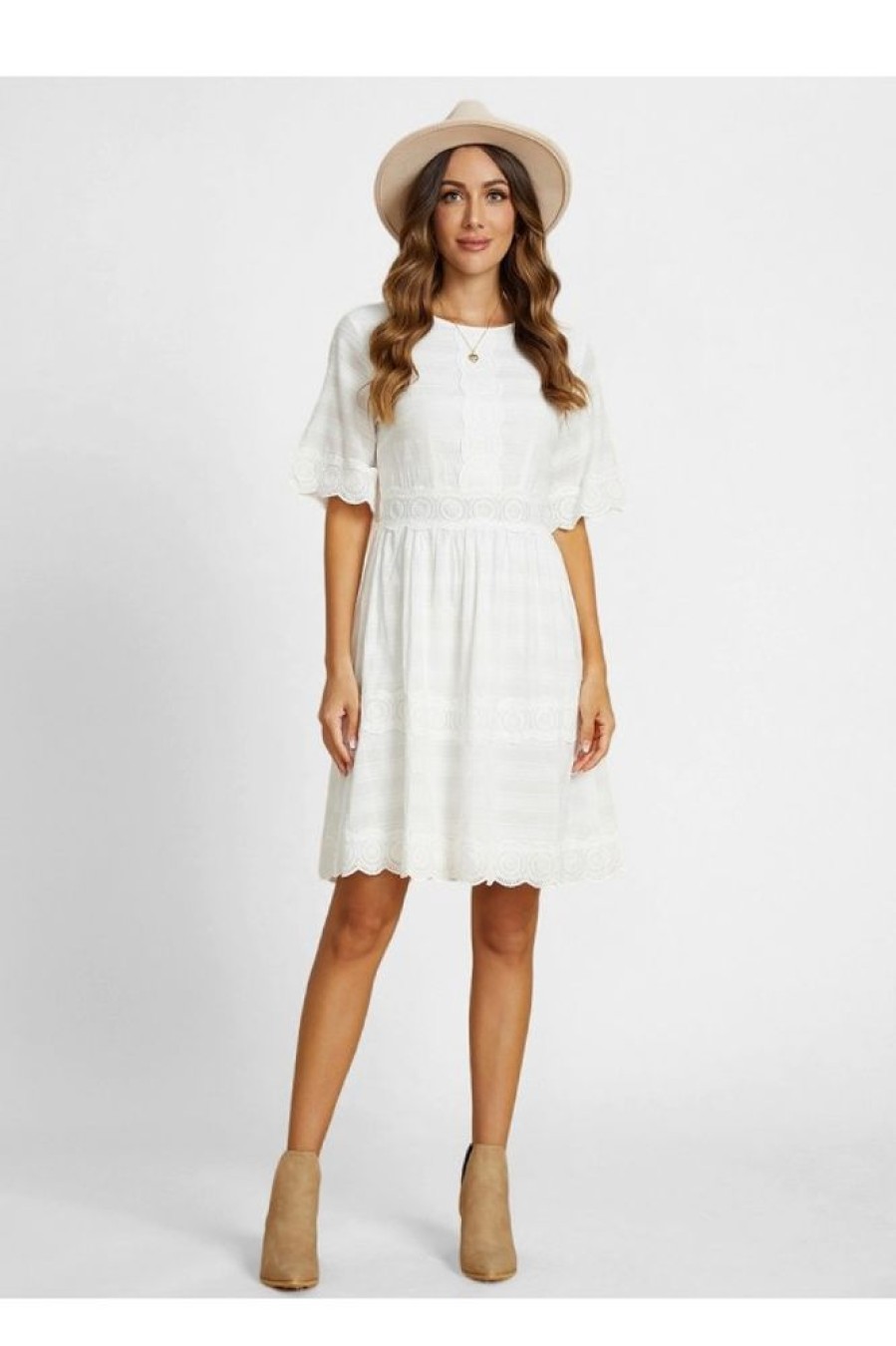 Clothing Azzlee Midi Dresses | Solid Zipper Round Neck Short Sleeve Midi Dress White