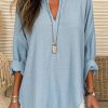 Clothing Azzlee Blouse & Shirts | Casual V Neck Solid Long Sleeve Blouse Blue