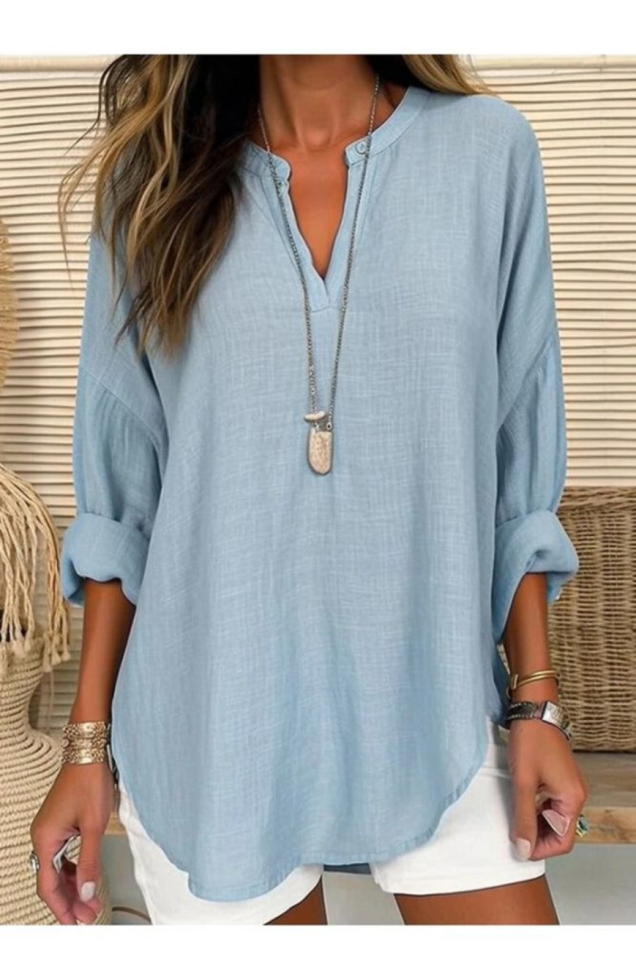 Clothing Azzlee Blouse & Shirts | Casual V Neck Solid Long Sleeve Blouse Blue