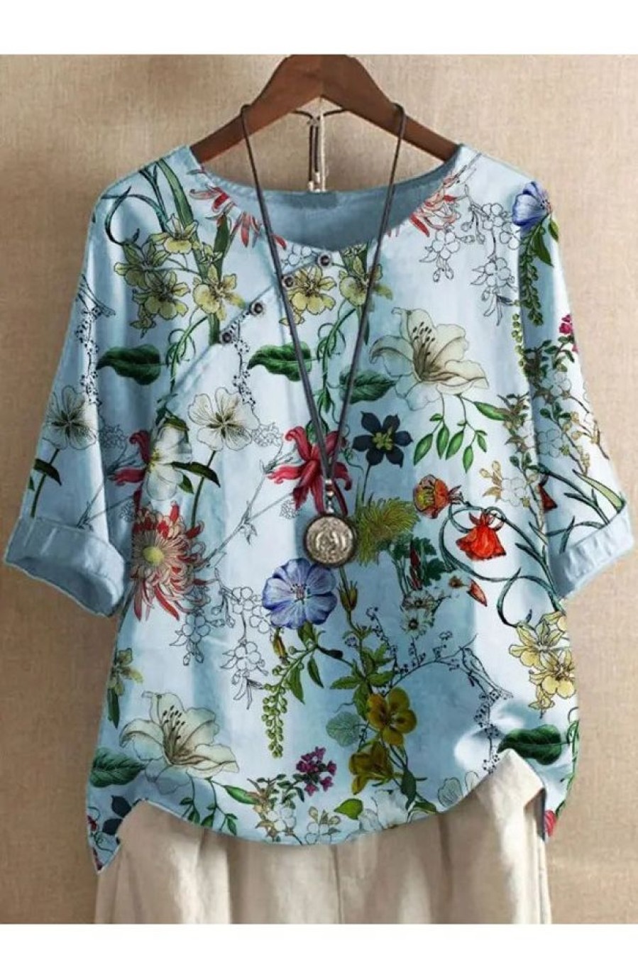 Clothing Azzlee Blouse & Shirts | Casual Round Neck Floral Printed Half Sleeve Blouse Blue