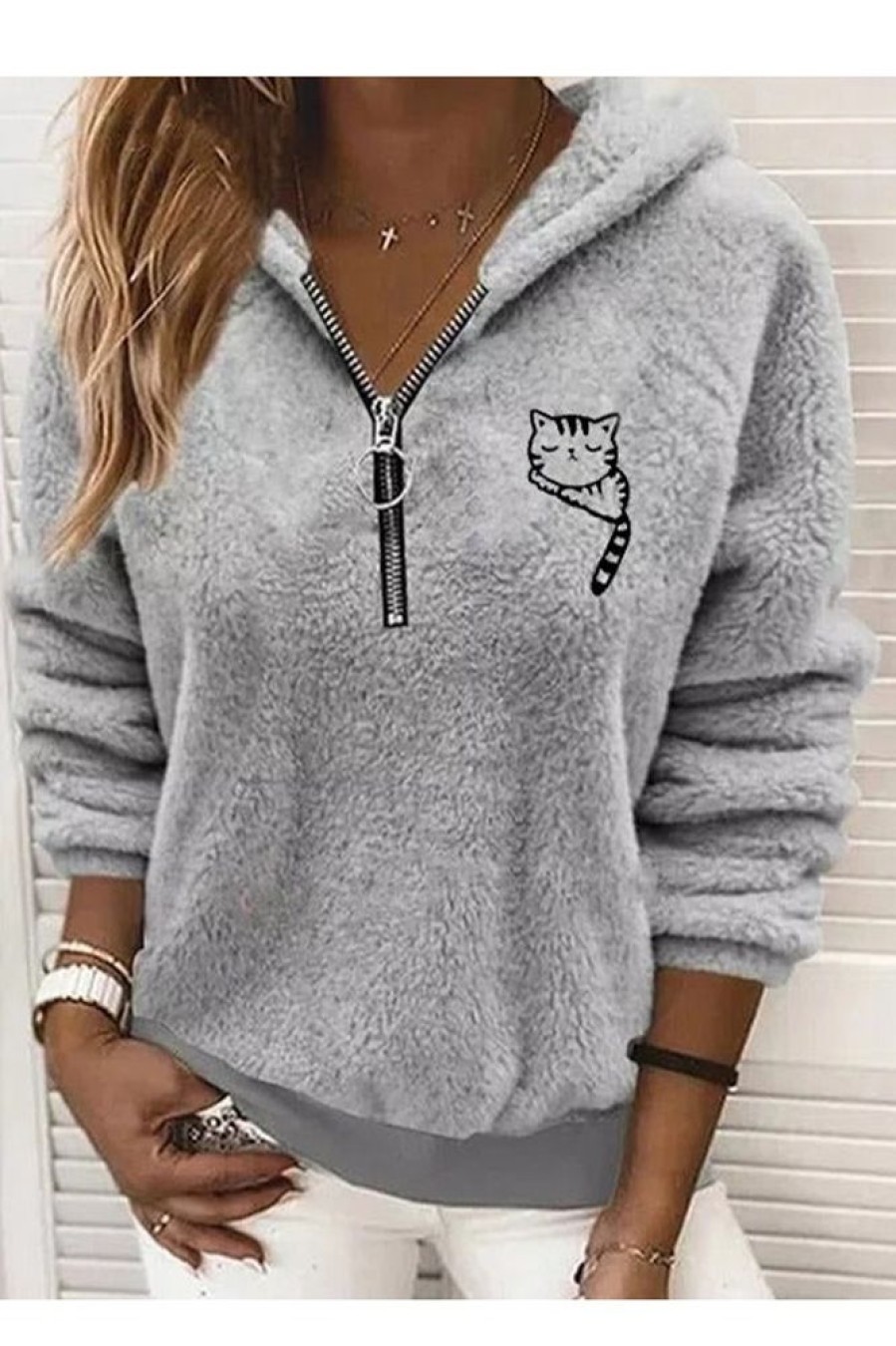 Clothing Azzlee Sweatshirt & Hoodies | Casual Graphic Tops Long Sleeve Cat Printed With Zipper Hoodies Gray