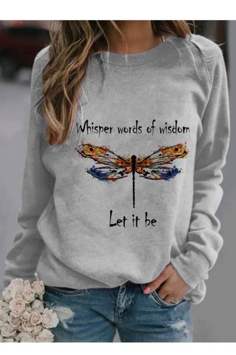 Clothing Azzlee Sweatshirt & Hoodies | Casual Graphic Tops Round Neck Dragonfly Printed Long Sleeve Sweatshirts Gray