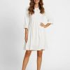 Clothing Azzlee Midi Dresses | Solid High Waist Round Neck 3/4 Sleeve Midi Dress White